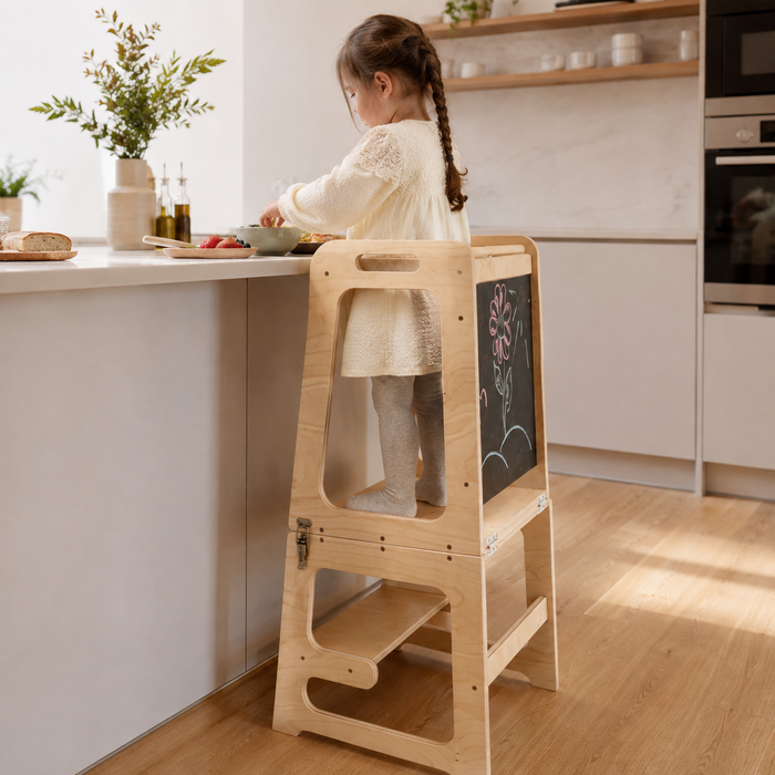 KIDDOJOY 3-in-1 Lernturm aus Birkenholz | Lernturm, Tisch & Maltafel für Kinder von 1 bis 5 Jahren