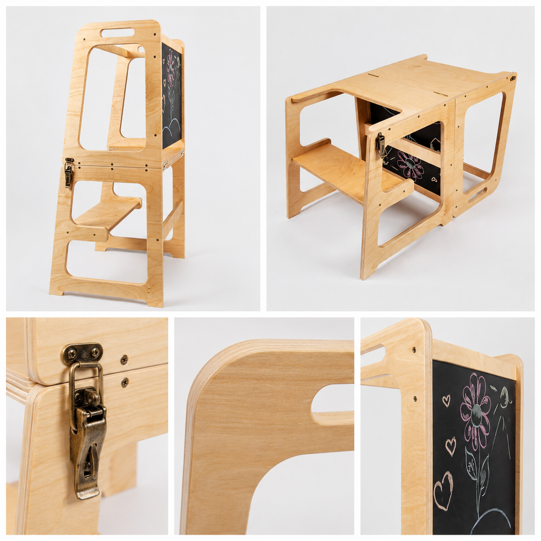 KIDDOJOY 3-in-1 Lernturm aus Birkenholz | Lernturm, Tisch & Maltafel für Kinder von 1 bis 5 Jahren