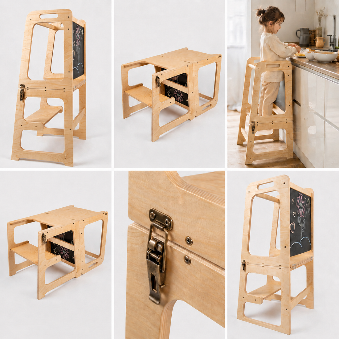 KIDDOJOY 3-in-1 Lernturm aus Birkenholz | Lernturm, Tisch & Maltafel für Kinder von 1 bis 5 Jahren
