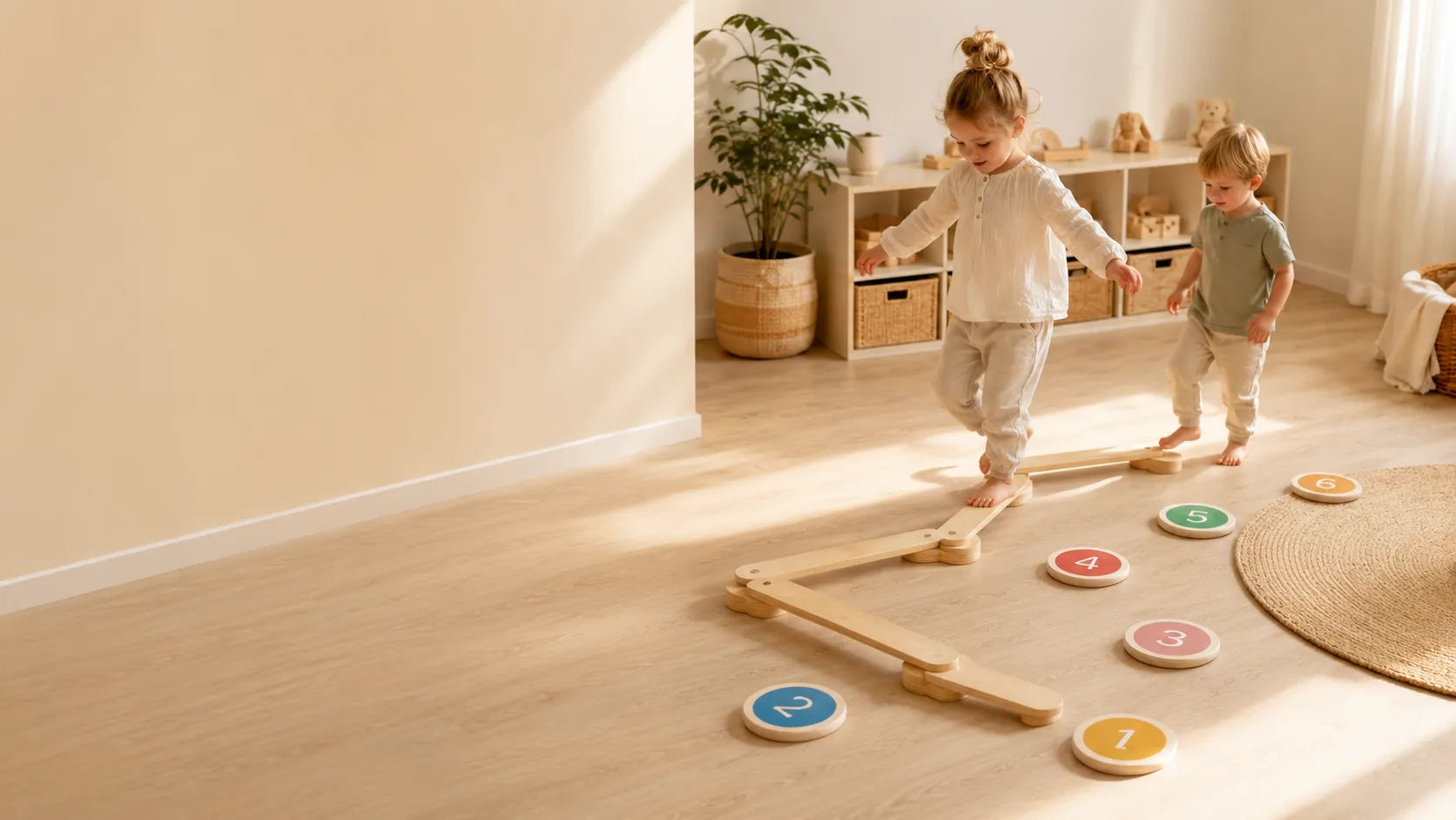 Zwei Kinder balancieren über einen Parcours aus Holzbalken und nummerierten Trittsteinen